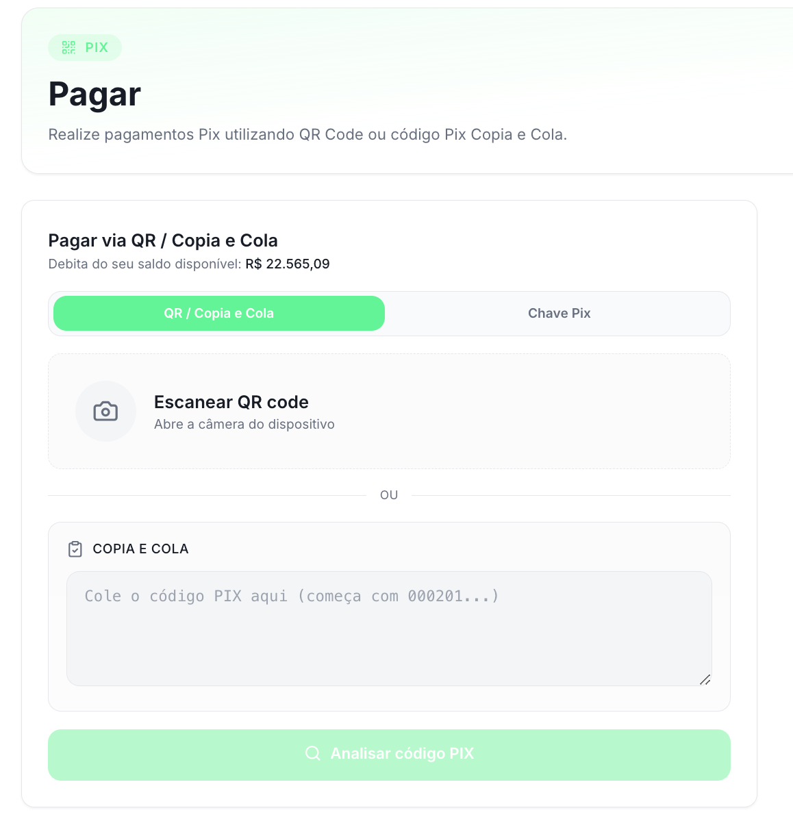 Tela de pagamento PayForge com QR Code, chave Pix e opção de copia e cola