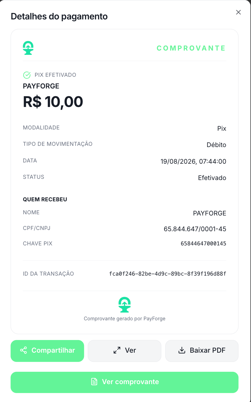 Comprovante de pagamento PayForge Pix efetivado com detalhes da transação